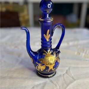 Vintage Blue and Gold Decorative Pitcher